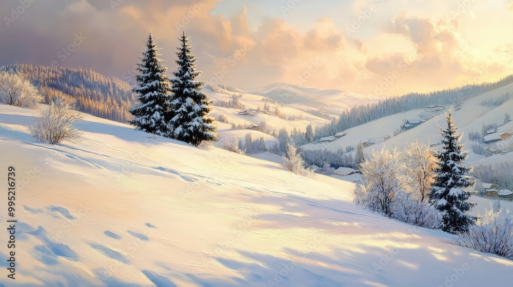 Obraz premium A peaceful snow-covered landscape with gentle hills and trees