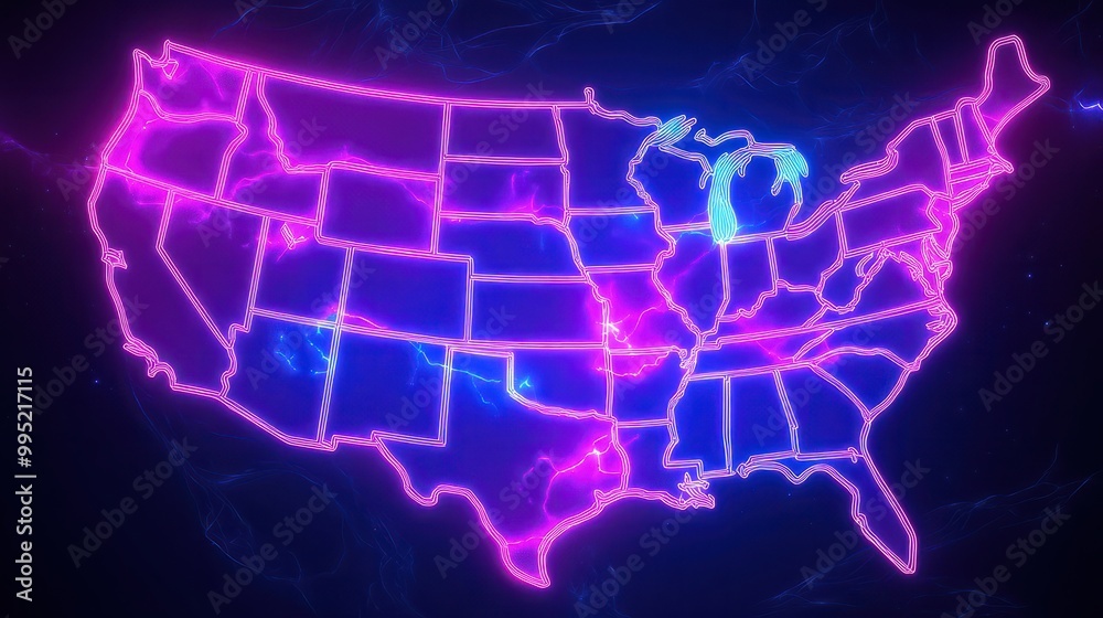 Vibrant neon outline of the United States map on a dark background, symbolizing energy and connectivity across the country Vibrant neon outline of the United States map on a dark background, symbolizing energy and connectivity across the country