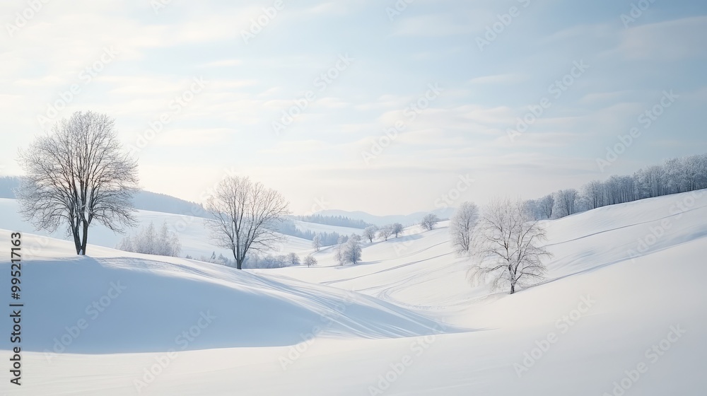 A peaceful snow-covered landscape with gentle hills and trees A peaceful snow-covered landscape with gentle hills and trees