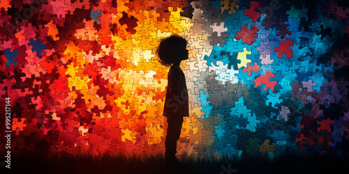 Silhouette of a child against a vibrant puzzle background, symbolizing the complexities of child psychology and development photo