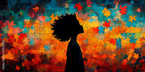 Silhouette of a child against a vibrant puzzle background, symbolizing the complexities of child psychology and development photo