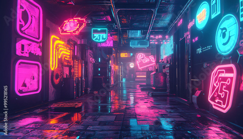  Bright, glowing neon signs in various shapes and colors, with a futuristic, cyberpunk-style backdrop