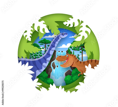 Paper cut banner with prehistoric dinosaur characters of Jurassic lizard of T-rex, vector background. Dino world atlas book cover with funny cartoon dinosaurs in jungle forest for dino encyclopedia