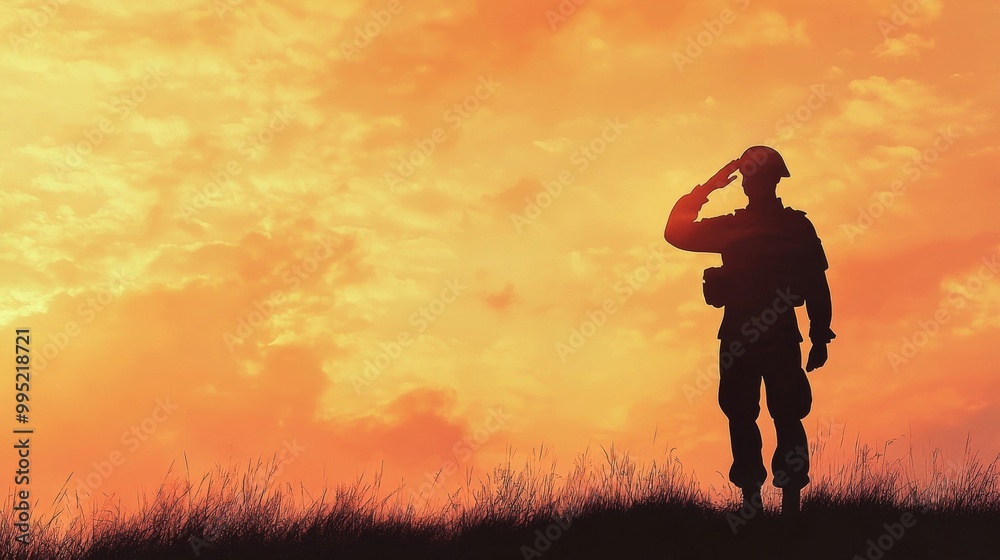 Silhouette of a Soldier Saluting at Sunset with Vibrant Orange Sky Silhouette of a Soldier Saluting at Sunset with Vibrant Orange Sky
