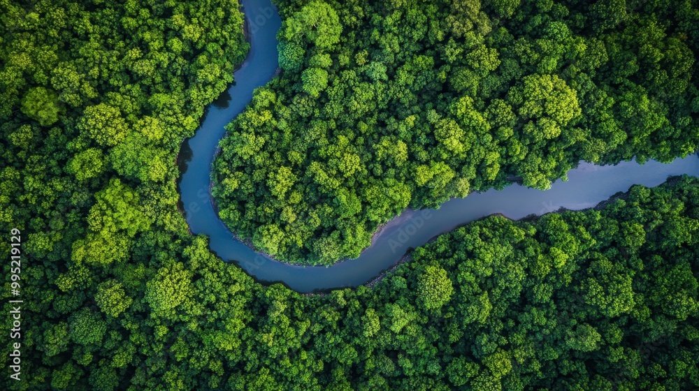 Aerial View of Winding River in Lush Green Forest Aerial View of Winding River in Lush Green Forest