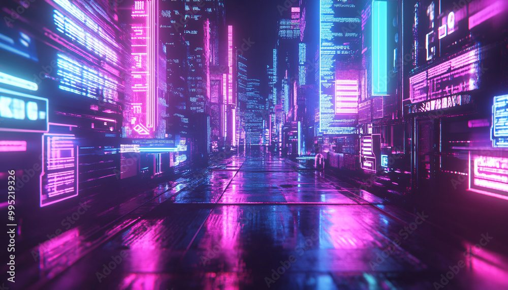 Bright, glowing neon signs in various shapes and colors, with a futuristic, cyberpunk-style backdrop Bright, glowing neon signs in various shapes and colors, with a futuristic, cyberpunk-style backdrop