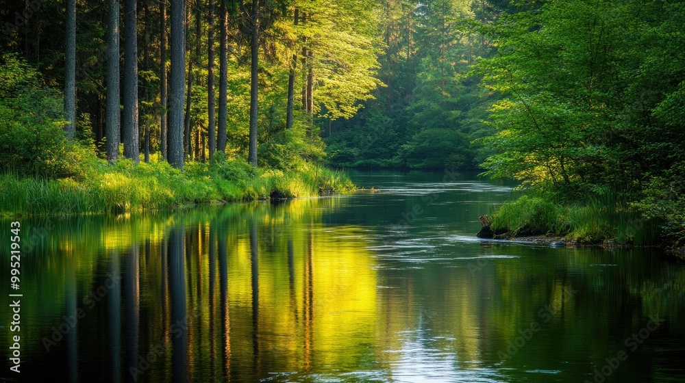 A calm river winding through a peaceful forest with tall trees and vibrant greenery reflected in the water. A calm river winding through a peaceful forest with tall trees and vibrant greenery reflected in the water.
