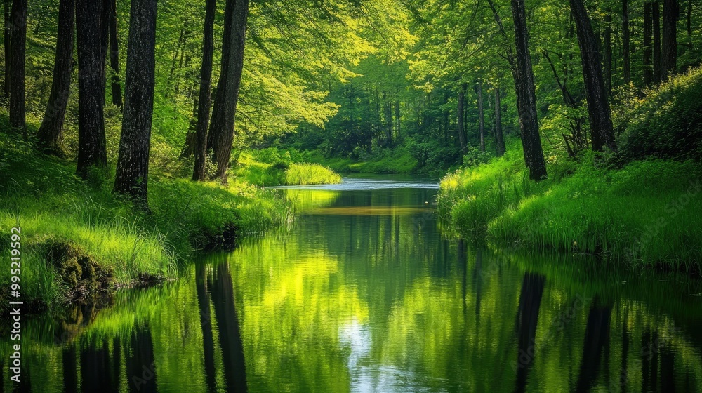 Fototapeta premium A calm river winding through a peaceful forest with tall trees and vibrant greenery reflected in the water.