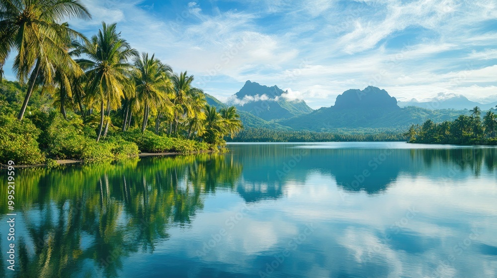 A calm tropical lagoon surrounded by lush palm trees and distant mountains, reflecting in the clear water. A calm tropical lagoon surrounded by lush palm trees and distant mountains, reflecting in the clear water.