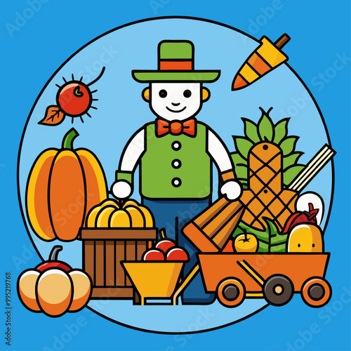 Harvest Festival Fun: A cheerful farmer proudly displays his bountiful autumn harvest, surrounded by pumpkins, pineapples, and other seasonal delights in a charming, cartoon-style illustration.