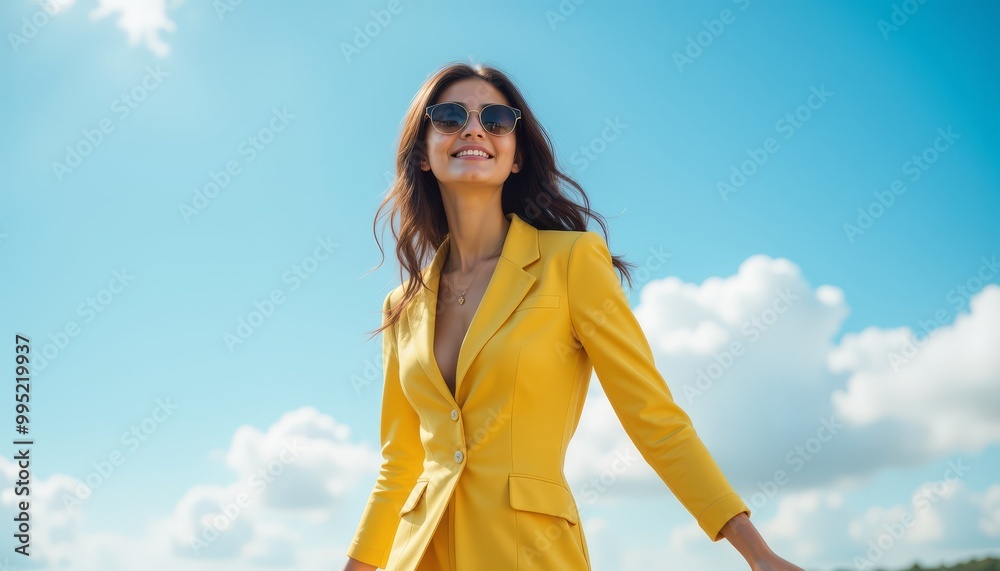 Confident woman in a yellow suit enjoying a sunny day outdoors. Confident woman in a yellow suit enjoying a sunny day outdoors.