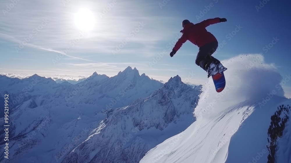 Thrilling Backflip Adventure: Swiss Snowboarder Soaring Over Snowy Swiss Alps Peak in Aerial Shot Thrilling Backflip Adventure: Swiss Snowboarder Soaring Over Snowy Swiss Alps Peak in Aerial Shot