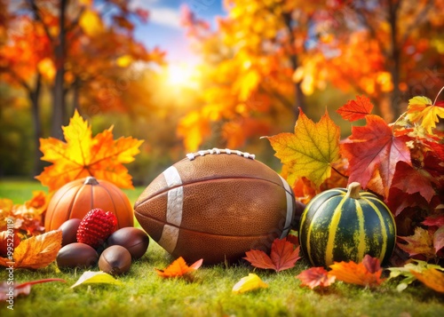 Celebrating Thanksgiving, families surround the football field, where pumpkins and colorful leaves adorn the scene,