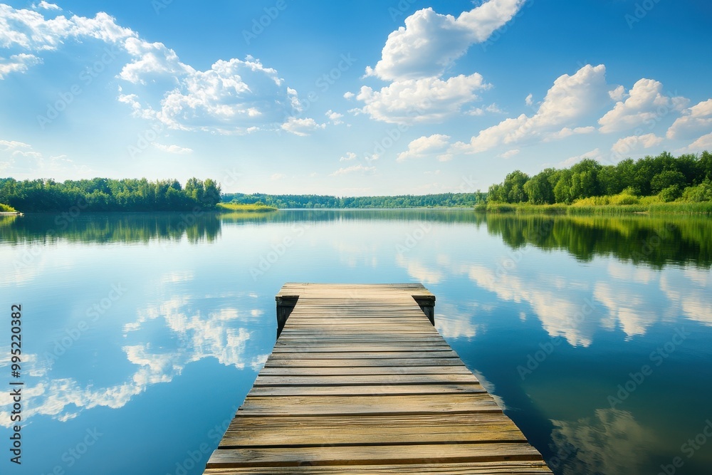 Tranquil Lakeside Scene with Wooden Dock and Clear Sky Tranquil Lakeside Scene with Wooden Dock and Clear Sky