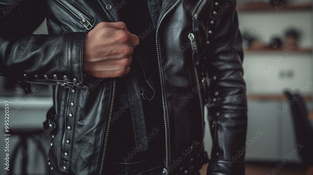 Close-up of a person wearing a stylish black leather jacket. Close-up of a person wearing a stylish black leather jacket.