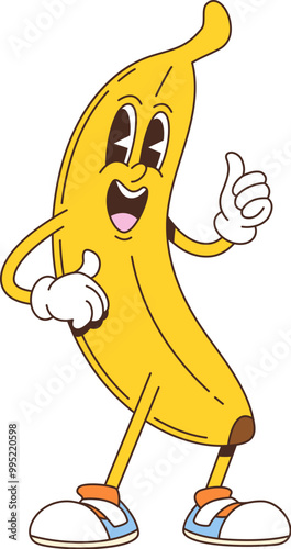 Cartoon retro groovy banana fruit character with smiling face. Fun and playful tropical fruit personage showing thumbs-up, promotes healthy lifestyle, natural nutrition with a vintage nostalgic vibe