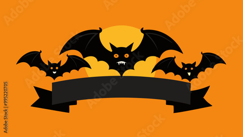 Halloween banner, poster with black bats on the orange background. Template vector Illustration for text. Halloween background with swarm of bats on orange sky. Pattern, background of halloween bat.