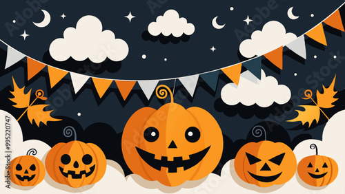 Halloween paper cut banner with black clouds, patterned pumpkins and pennant garland, cartoon vector. Happy Halloween holiday greeting and trick or treat party banner with paper cut pumpkins and bats