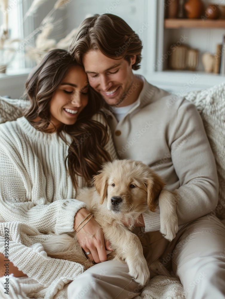 Couple cuddling on couch with golden retriever puppy in cozy home setting. Couple cuddling on couch with golden retriever puppy in cozy home setting.