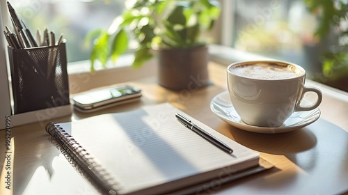 A clean and organized office desk with an open planner, pens, and a cup of coffee for focused work.