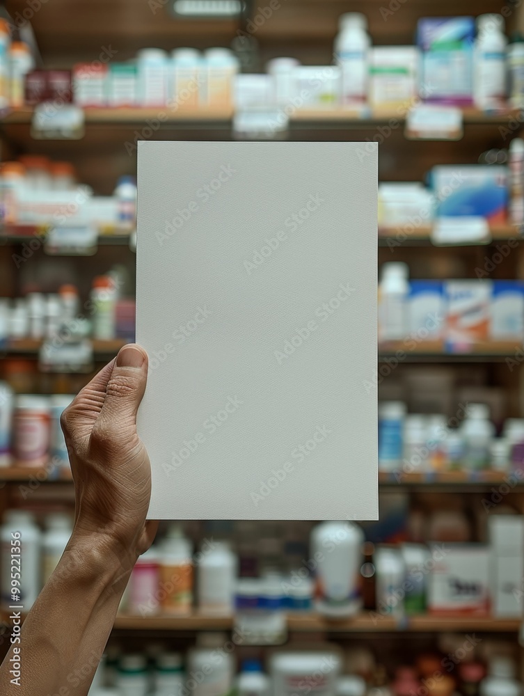 Hand holding blank paper in front of a pharmacy shelf with various medical products. Hand holding blank paper in front of a pharmacy shelf with various medical products.