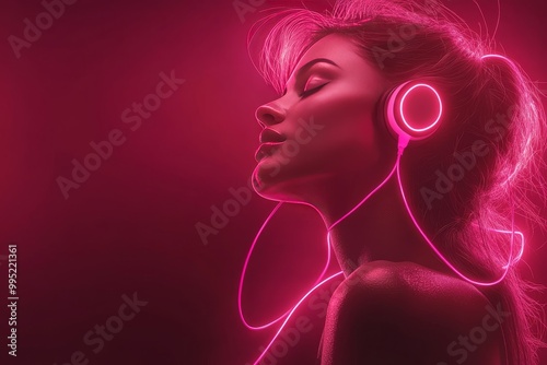 Neon profile of a woman with glowing pink headphones illuminated by soft pink light symbolizing modern audio technology personal listening and digital interaction in a futuristic setting