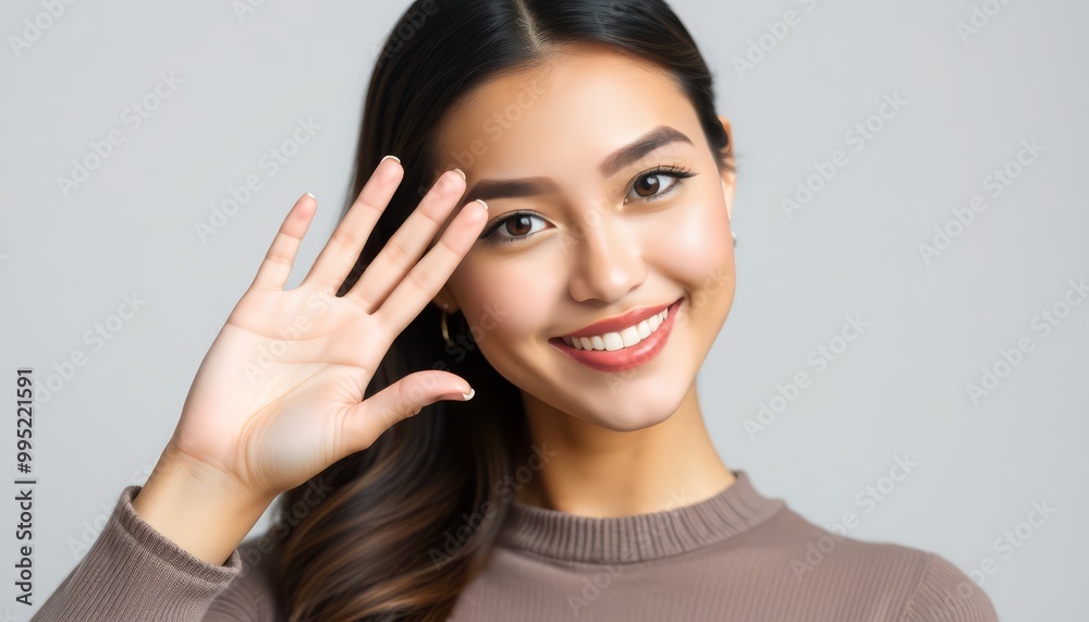 Smiling woman greeting with a wave and friendly expression, light background. Smiling woman greeting with a wave and friendly expression, light background.