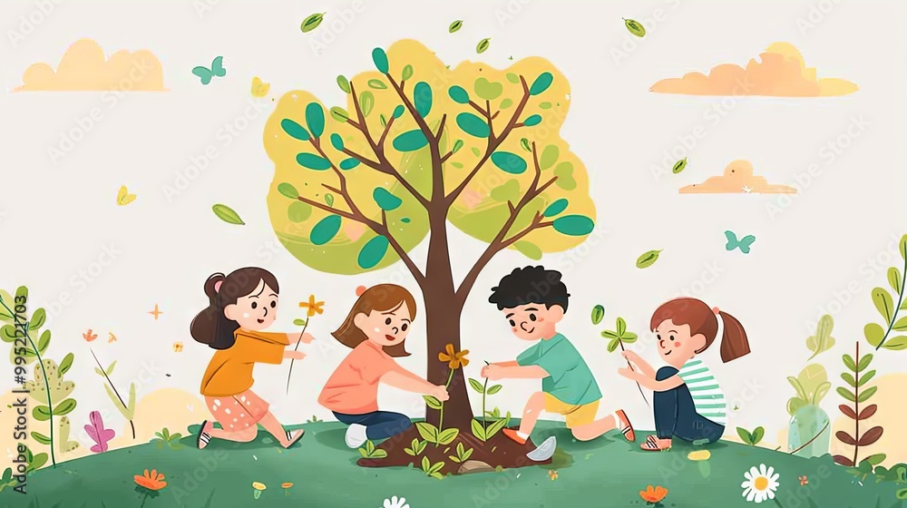A group of children are planting a tree together A group of children are planting a tree together