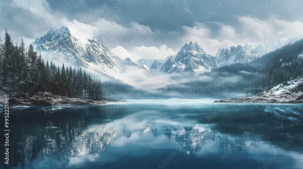 Naklejka premium A quiet lake surrounded by snow-capped mountains in winter