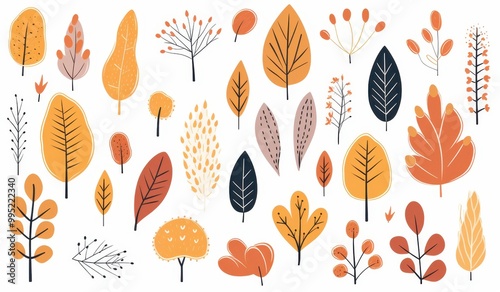 Collection of Hand-Drawn Autumn Leaves and Branches in Orange and Brown Tones