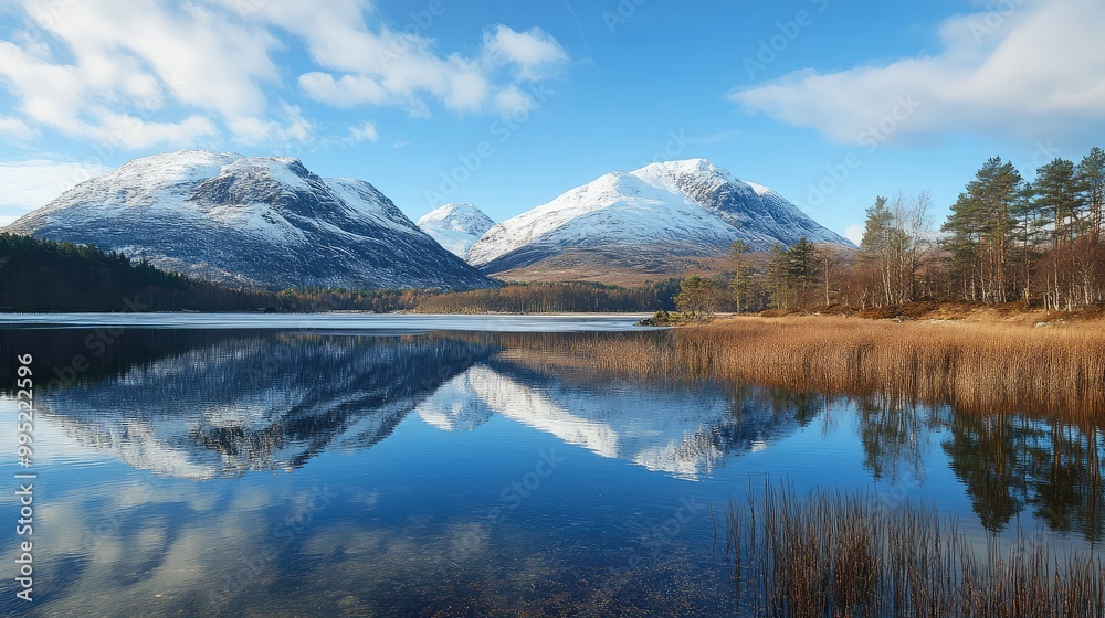 A quiet lake surrounded by snow-capped mountains in winter A quiet lake surrounded by snow-capped mountains in winter