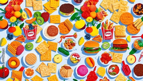 Background, pictures of various ready-to-eat food