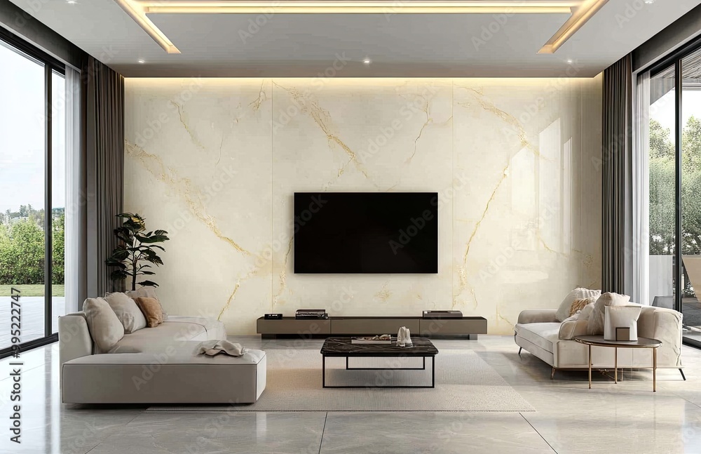 A living room with beige marble wall panels, white floor tiles, and a black coffee table in front of the TV set up on an elegant wooden stand. The sofa is covered by soft cream-colored curtains. A living room with beige marble wall panels, white floor tiles, and a black coffee table in front of the TV set up on an elegant wooden stand. The sofa is covered by soft cream-colored curtains.