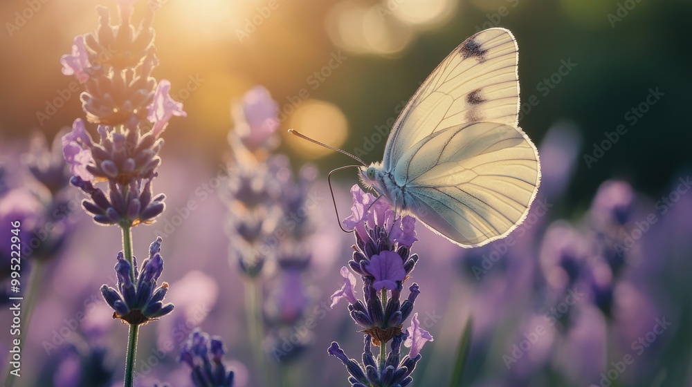 A close-up of a butterfly resting on a lavender flower in a sunlit meadow. A close-up of a butterfly resting on a lavender flower in a sunlit meadow.