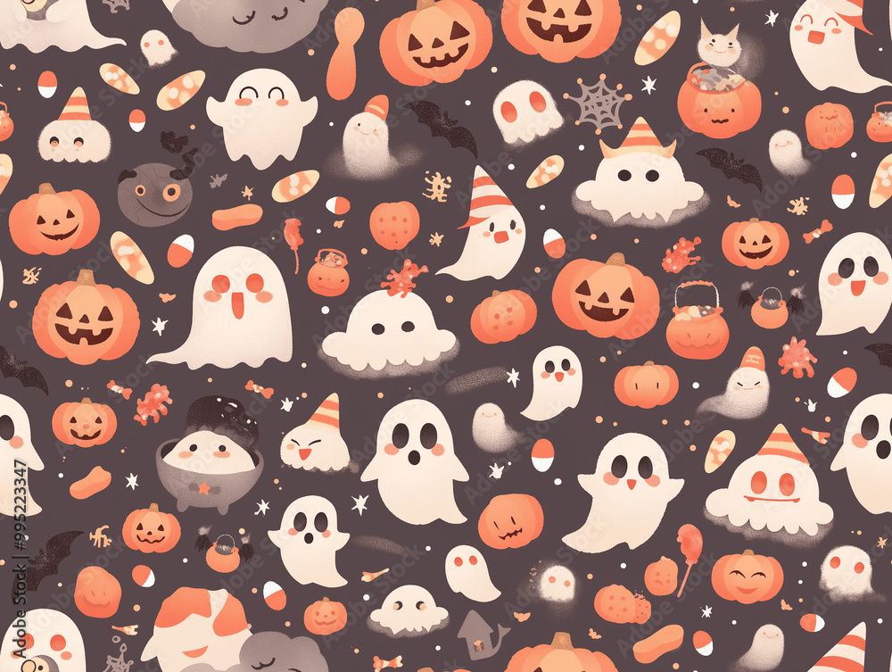 Adorable Halloween Vector Pattern: Cute Ghosts, Pumpkins, and Spooky Elements - Perfect for Festive Designs and Decorations Adorable Halloween Vector Pattern: Cute Ghosts, Pumpkins, and Spooky Elements - Perfect for Festive Designs and Decorations