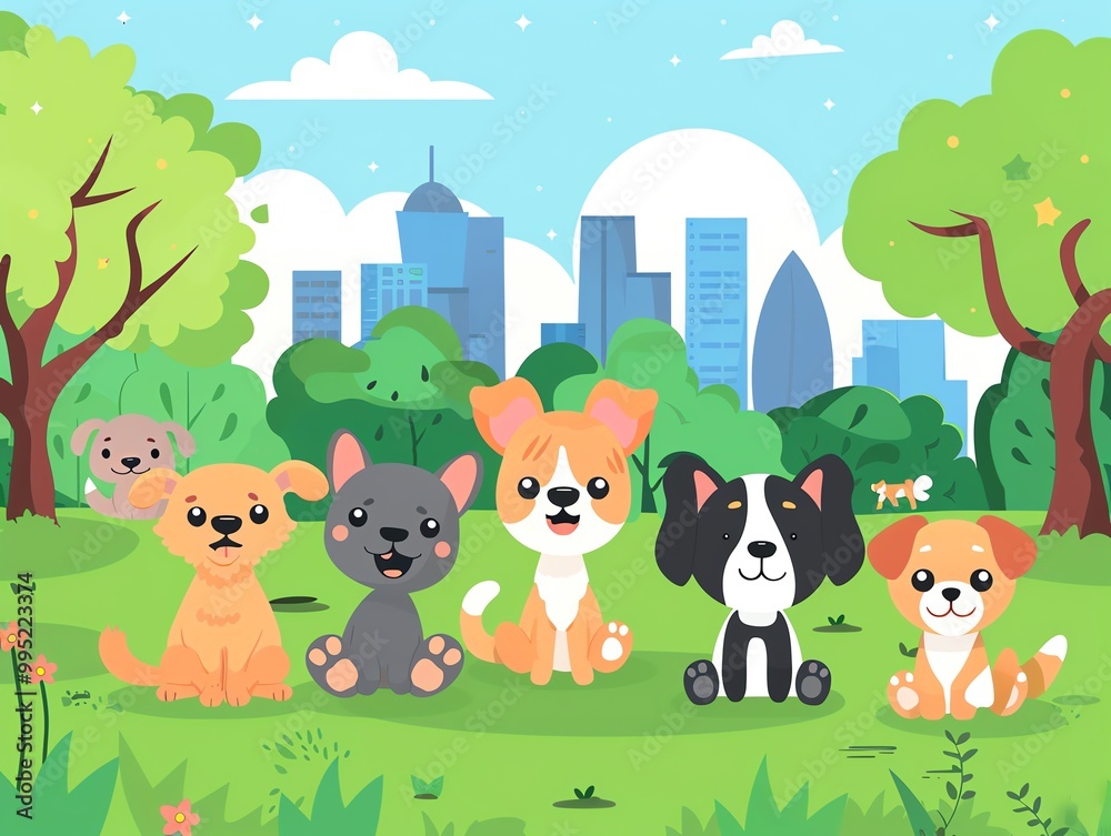 Naklejka premium Cartoon pets, in a park, flat design illustration