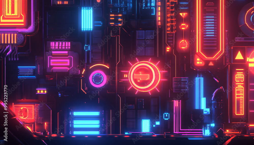 Bright, glowing neon signs in various shapes and colors, with a futuristic, cyberpunk-style backdrop Bright, glowing neon signs in various shapes and colors, with a futuristic, cyberpunk-style backdrop