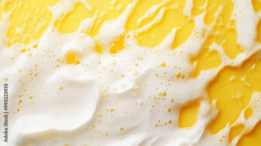 A close-up of a cold yellow beer with a thick layer of white foam, showcasing the refreshing, bubbly texture A close-up of a cold yellow beer with a thick layer of white foam, showcasing the refreshing, bubbly texture