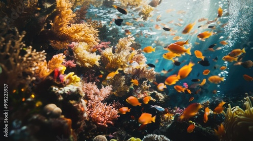 A close-up of a colorful coral reef, teeming with small fish and marine life in clear ocean water.