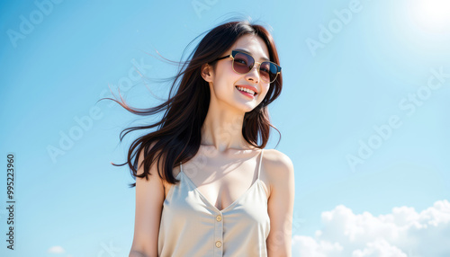 Young woman smiling outdoors under sunny sky wearing stylish sunglasses. photo