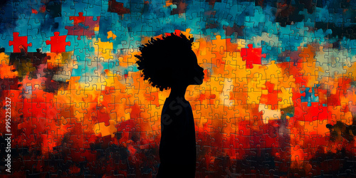 Silhouette of a child against a vibrant puzzle background, symbolizing the complexities of child psychology and development photo