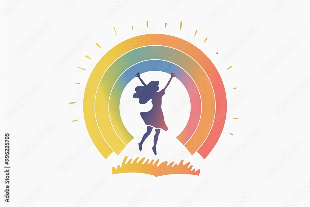 A girl is jumping in the air in front of a rainbow A girl is jumping in the air in front of a rainbow