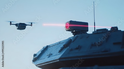 Detailed Close up View of Sophisticated Anti Drone Laser Weapon System Mounted on Top of a Military Tank Aiming at an Approaching Enemy Drone