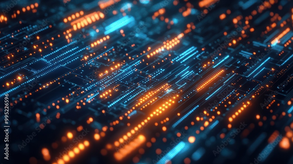 Fototapeta premium Abstract tech background with illuminated fiber optic connections, quantum computing network system electronic global intelligence