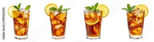 Collection of refreshing iced tea with lemon and mint isolated on white background photo