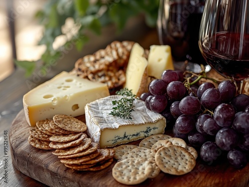 Cheese, Crackers, Grapes, and Wine on Wooden Cutting Board