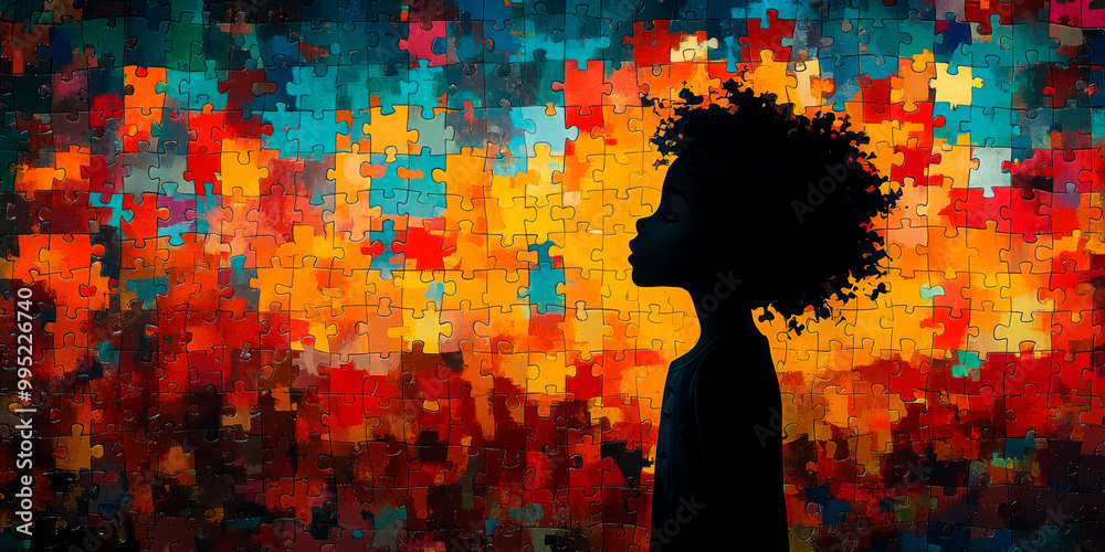 Obraz premium Silhouette of a child against a vibrant puzzle background, symbolizing the complexities of child psychology and development