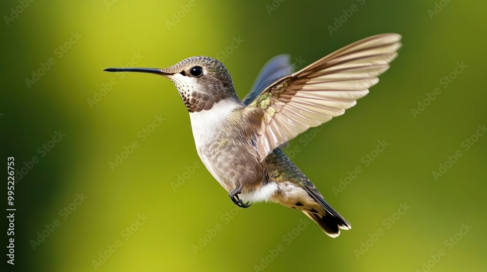 Obraz premium A hummingbird in mid-flight against a blurred green background.
