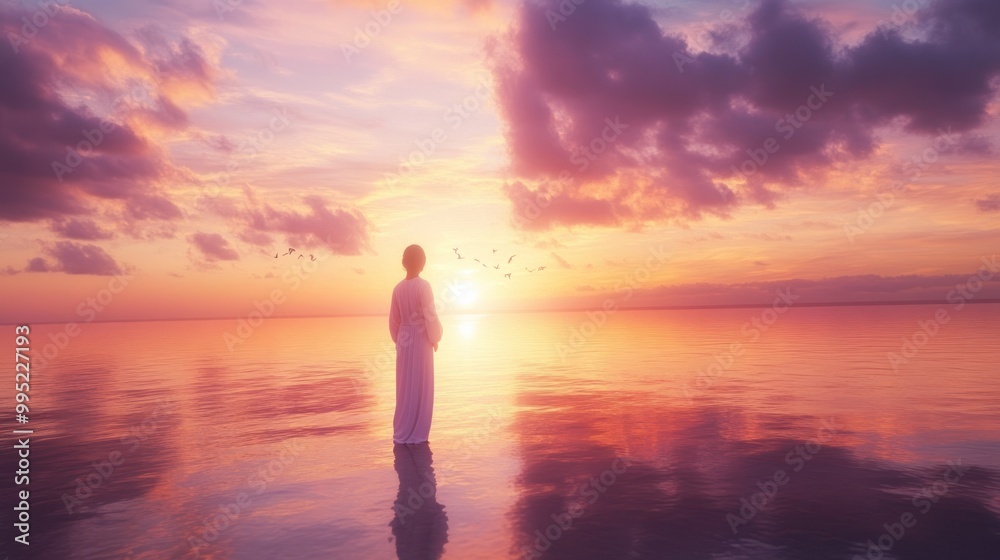 Fototapeta premium A serene figure stands by the water, gazing at a colorful sunset with birds flying above.
