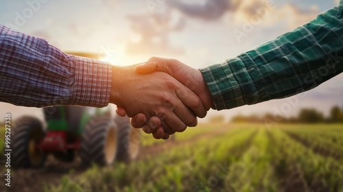 agribusiness handshake business deal agreement between businessman and farmer, purchase sell tractor farm machinery equipment, partnership cooperation collaboration in agriculture business.